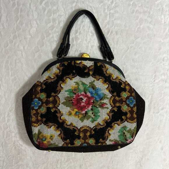 Vintage Garay Made In USA Carpet Satchel Handbag Dual Handles & Brass Accents - Picture 4 of 12